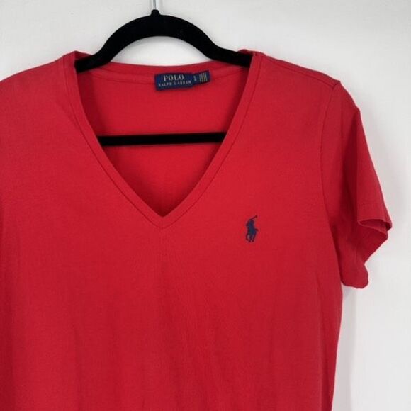 Polo Ralph Lauren Womens Solid V Neck Short Sleeve Top Red Size Large Logo chest - Picture 4 of 8